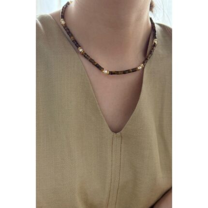 710 Caramel Tiger's Eye gems and natural pearls necklace (Chain length: 40cm)